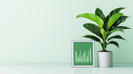 A modern workspace featuring a green plant beside a tablet displaying a bar graph on a mint green background, symbolizing growth and productivity.