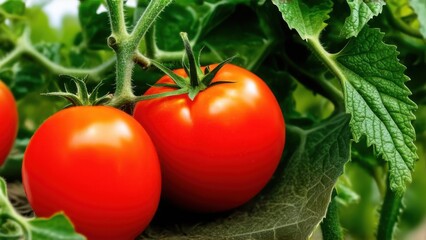 very red, big 2 rotund bambino tomatoes in the foreground, tomato leaves, charming, warm, more tomatoes, field, mediterranean sea, bambino tomatoes