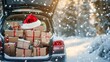© atipong - A car with a trunk full of presents gifts and santa hat for Christmas. Car gifts box snow holidays. Xmas shopping and preparation.