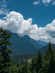 Canvas Print - A view of lush green mountains on a sunny day with large fluffy clouds.