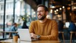 © nunoi - Tech startup founder working from a trendy cafe in a bustling European city, managing remote employees, entrepreneurship, digital nomad travel