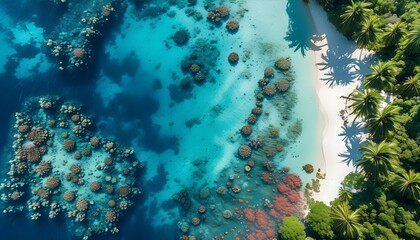 Aerial view of a tropical paradise showcasing turquoise waters, palm-fringed white sandy beaches, and vibrant coral reefs bustling with diverse marine life