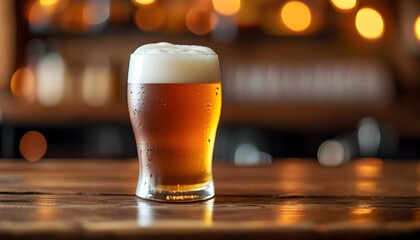 Wall Mural - Frothy cold beer in cozy pub with rustic wooden bar and warm bokeh background