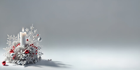 Candle decorated with Christmas ornaments on white isolated background, empty space for text, 3D