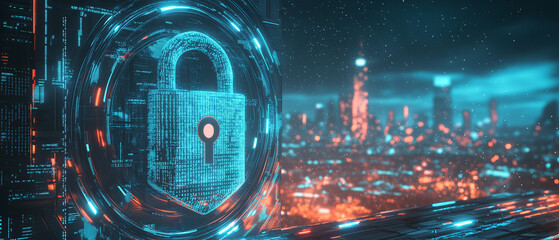 A digital padlock with binary code and futuristic circles on a blue and white background, concept of cybersecurity, Ai generated 