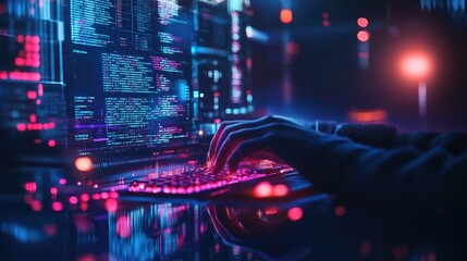 Hacker typing code on a computer keyboard with a glowing screen in the background.