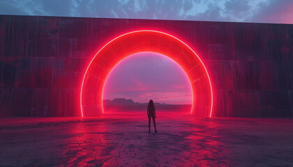 Wall Mural - Woman Standing Before Red Neon Archway