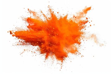 Orange powder explosion on white background. Colored cloud. Colorful dust explode. Paint Holi.