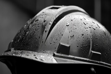 Canvas Print - Black Hard Hat Covered in Water Droplets