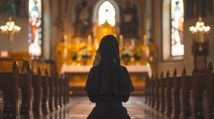 Wall Mural - A woman in a black veil stands in a church