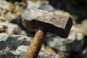 Canvas Print - A Rusty Hammer Resting on Rocks