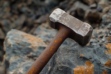 Wall Mural - Rusty Hammer Resting on Rough Stones