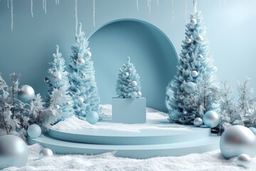 A serene winter scene with frosted Christmas trees and blue baubles, creating a modern and peaceful holiday setting, christmas empty podium background