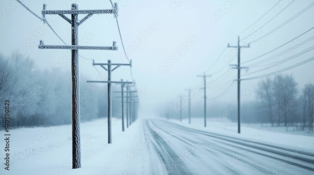 Aerial view of power lines and trees coated in thick ice after a ...