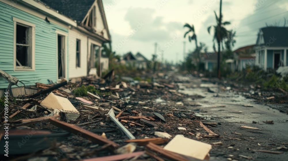 Aftermath of a Powerful Hurricane Leaving Damaged Homes Downed Power ...