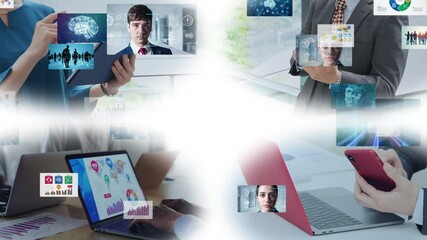 Poster - Collage of people using various digital devices and digital data concept. Wipe transition from white background.