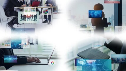 Poster - Collage of various business scenes and digital data concept. Wipe transition from white background.