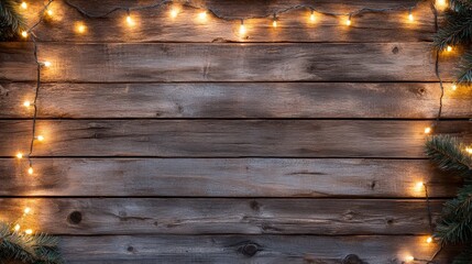 Christmas rustic background - vintage planked wood with lights and free text space