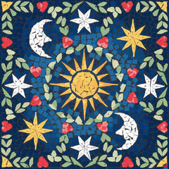 Wall Mural - Mediterranean-inspired mosaic pattern with a blue background. There are white and yellow stars, a white crescent moon, and a yellowsun. 