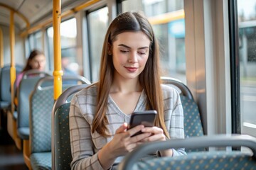 Young Woman on Bus: A young woman using her phone while seated on a city bus.
