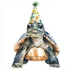 Wall Mural - A small turtle wearing a party hat, isolated on a white background, watercolor style