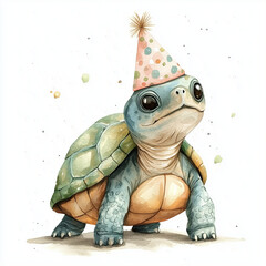 Wall Mural - A small turtle wearing a party hat, isolated on a white background, watercolor style