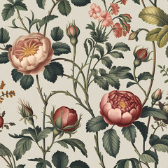 Sticker - vintage botanical garden ,surface pattern illustration, floral motifs, including roses, peonies, and lilies, with delicate leaves and stems , earthy tones 