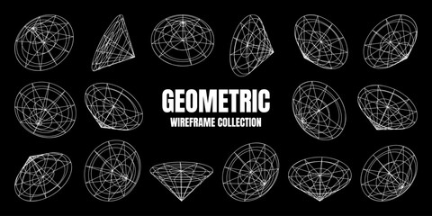 Wireframe lined shapes. Perspective mesh, 3d grid. Low poly geometric elements. Retro futuristic design elements, y2k, vaporwave and synthwave style. Vector illustration