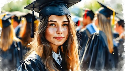 Celebrating Achievement: A Young Woman in Graduation Cap and Gown in Watercolor Style