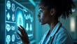 © PhotoPhantom - Black female doctor using futuristic hologram technology for medical research and data analysis, showcasing innovation in artificial intelligence and healthcare development