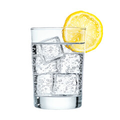 A glass filled with sparkling water, ice cubes, and a slice of lemon isolated on white transparent background.