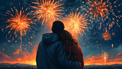 Midnight Embrace Illuminated by Spectacular Fireworks Celebration of Loves Vibrant Splendor