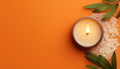 Traditional Diwali A serene composition featuring a lit candle, rice grains, and green leaves on an orange background, perfect for relaxation.