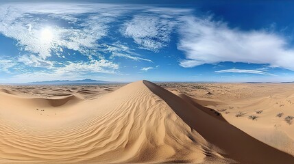 Expansive desert landscape with dunes and a blue sky.