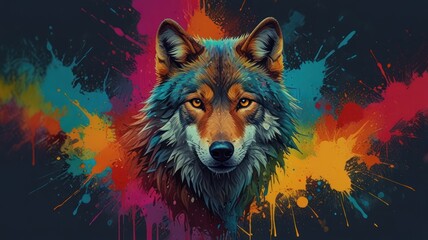 Wall Mural - Wolf Portrait with Colorful Paint Splashes