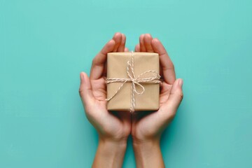 Wall Mural - Woman holding a small gift on turquoise background