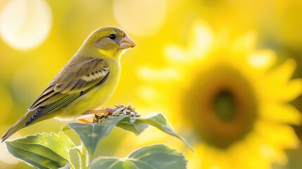 Wall Mural - A Yellow Bird Perched on a Sunflower Bud