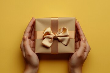 Wall Mural - Woman holding a gift wrapped in paper on yellow background