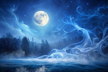 whispers of morning fog swirl across a midnight blue background, eerie moonlight casting an otherwor