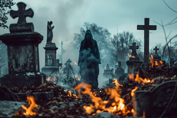 Wall Mural - Picture of a scary person ghost burning at hell afterlife generative AI technology