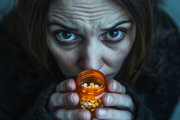 Individual with a sorrowful expression holding an empty pill bottle, indicating medication abuse.