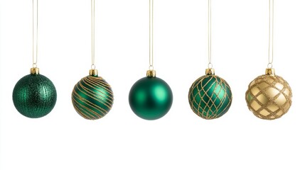 set of seven golden and green decoration christmas balls collection hanging isolated