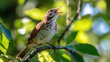 Wall Mural - A Brown Thrasher Singing on a Branch