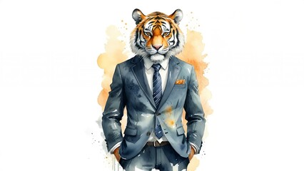 Wall Mural - Tiger in a Suit: A Wild Businessman - Watercolor illustration showcases a Tiger in a corporate suit, blending the wild and the professional. Humorous image. 3