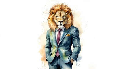 Wall Mural - Lion in a Suit: A Wild Businessman - Watercolor illustration showcases a Lion in a corporate suit, blending the wild and the professional. Humorous image. 3