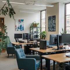 Interior of an office with desks, sofas, computer monitors, and a shelf by the window
