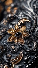 Wall Mural - Intricate black and gold floral design with ornate details.