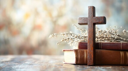 Wooden cross biblical books and willow twigs on table abstract light background. Orthodox palm Sunday Easter holiday. Symbol of Christianity Lent Faith in God Church