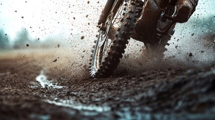 A close-up of a motorcycle tire kicking up dirt and water on a muddy terrain.