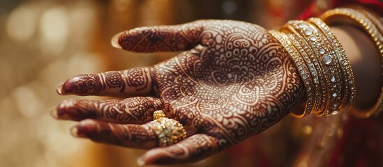 Intricate henna design on a hand adorned with gold jewelry.